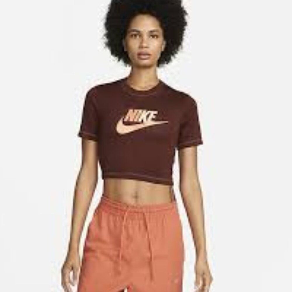 Women's Nike Chocolate Brown and Orange Soft Crop Top T-Shirt Medium Slim Fit